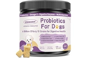 ZEBORA Probiotics for Dogs – 6 Billion CFUs & 10 Strains with Prebiotics, Omega-3, Digestive Enzymes & Multivitamins, Dog Probiotics for Digestive Health, Immune Support, Skin & Coat, 120 Duck Flavor Chews