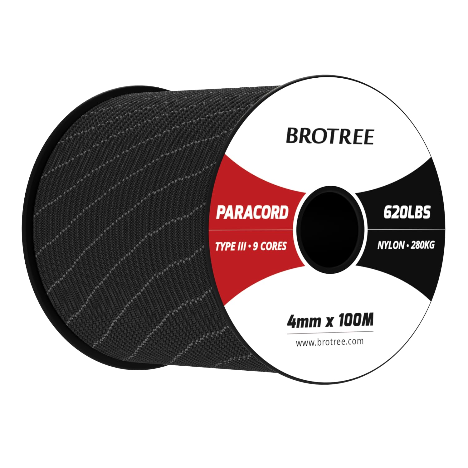 Brotree Paracord 4mm 100M 9 Strands 100% Nylon Rope Type 3 Parachute Cord for Outdoor, Bracelet, DIY - 280kg Breaking Load (Reflective Black)