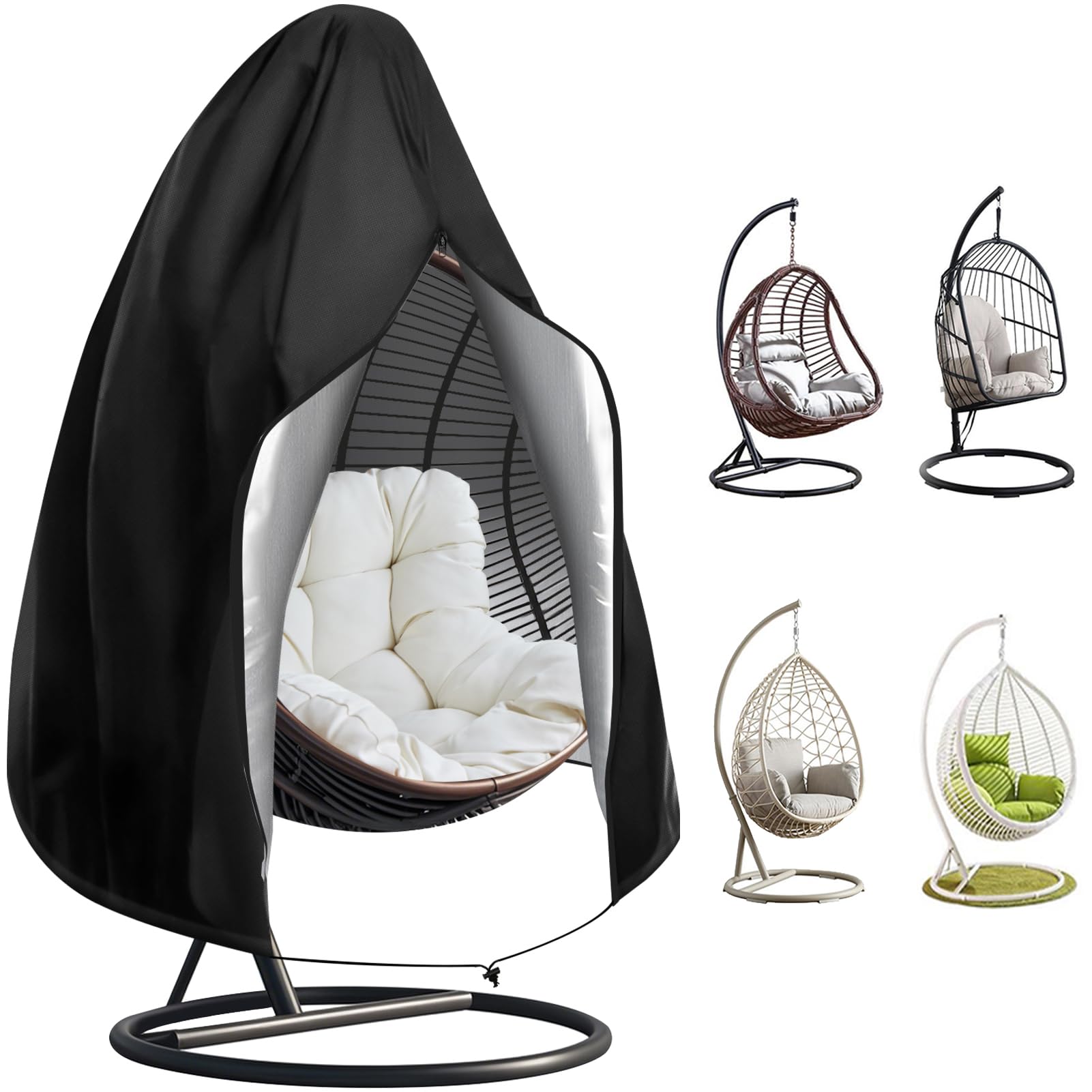 Teynewer Patio Hanging Egg Chair Cover, Outdoor Single seat Cocoon Swing Egg Chair Cover Waterproof with Zipper, 210D Heavy Duty Veranda Garden large Cover for egg chair on stand 190 x 115 cm, Black