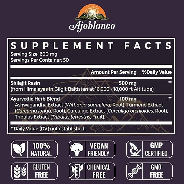 AJOBLANCO 600MG SHILAJIT PURE HIMALAYAN ORGANIC SHILAJIT RESIN – HIMALAYAN SHILAJIT RESIN WITH ORGANIC AYURVEDIC BLEND IN HIGH POTENCY FOR ENERGY, STRENGTH & IMMUNITY, 30 GRAMS