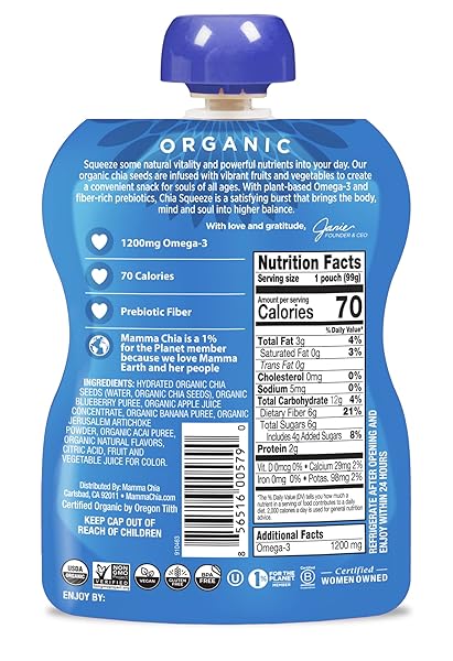 MAMMA CHIA ORGANIC PREBIOTIC SQUEEZE SNACK, BLUEBERRY ACAI, FIBER-RICH PREBIOTIC GUT SUPPORT,USDA ORGANIC, NON-GMO, VEGAN, GLUTEN FREE, 3.5 OUNCE (PACK OF 8)