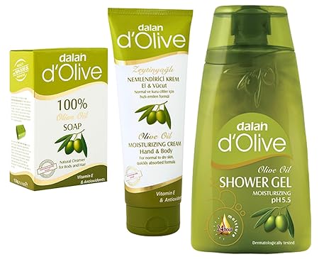 Dalan d'Olive Combo - Pure Olive Oil Hand & Body Cream (75 ml), 100% Pure Olive Oil Soap (150g) and Pure Olive Oil Shower Gel (250 ml), Imported from Turkey.