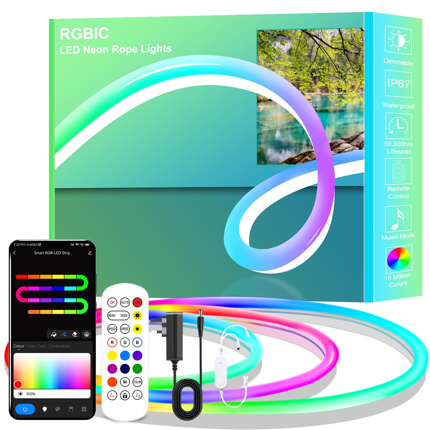 AXMOTUT Neon LED Light Strip 3M, DC24V Waterproof with Remote and Adapter, Silicone RGBIC LED Neon Rope Light, Smart App Control, Music Sync for Gaming, Bedroom Living Room Decor — image 1