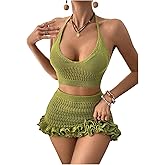 SHENHE Women's Swimsuit Cover Up Set 2 Piece Crochet Crop Halter Tops Ruffle Skirt Beach Outfits