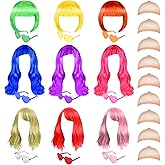 XLSXEXCL 27 Pieces Colored Wigs Funky Neon Colorful Wigs with Heart Shape Sunglasses and Wig Cap for Women Cosplay