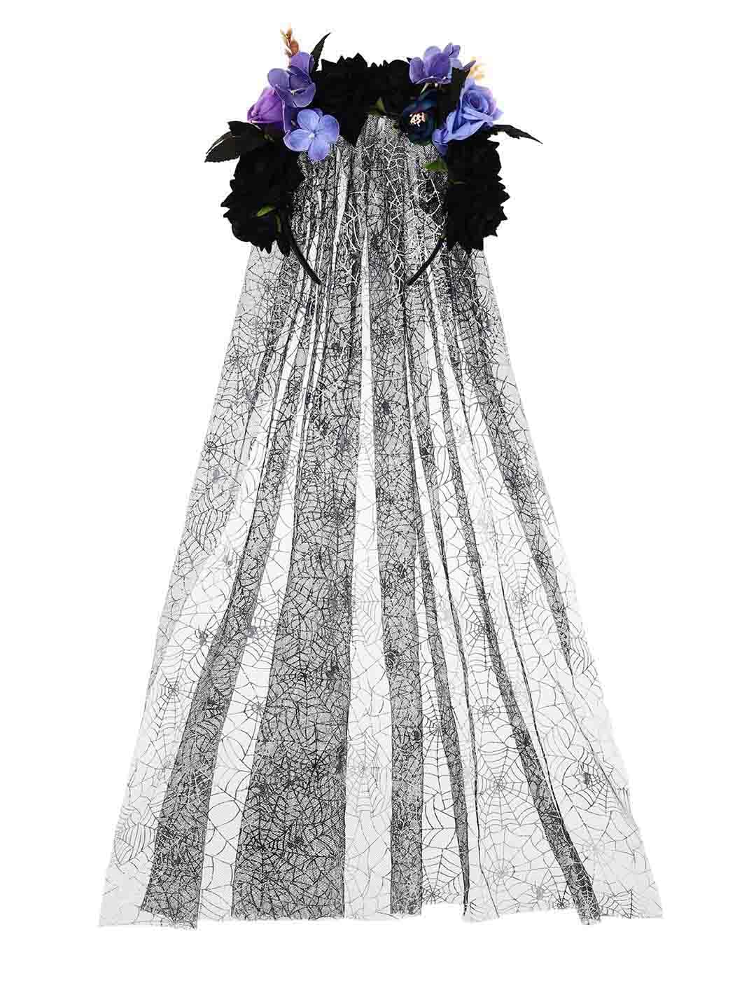 IYOU Halloween Headband with Veil Black Flower Hair Bands Festival Carnival Hair Accessories for Women