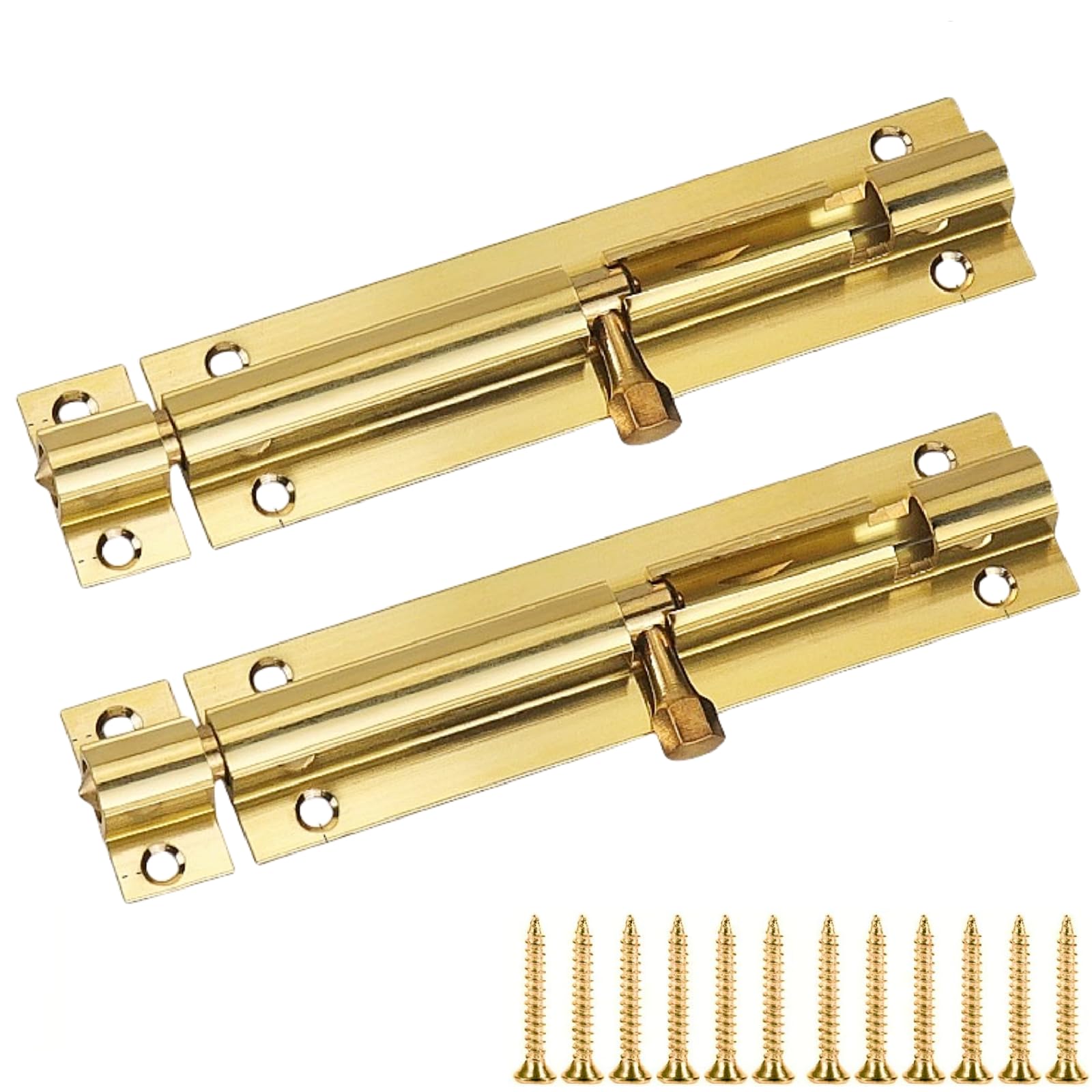 Door Bolts for Internal Doors - 2 Pack Brass Internal Door Latch & Security Slide Lock, Durable Bathroom Lock with Stainless Steel Screws for Shed, Fence, Cabinets, Windows (Gold, 4inch)