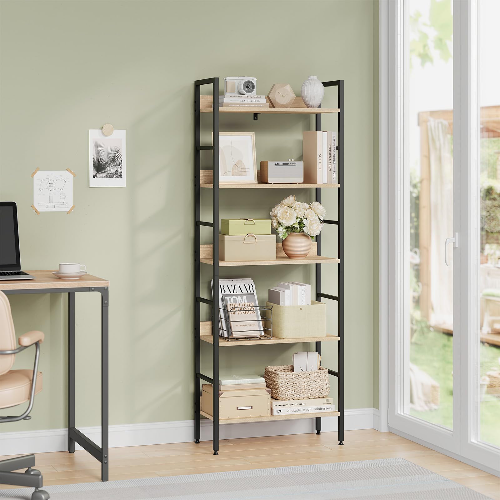 WOLTU Bücherregal, offenes Standregal mit 5 Ebenen, stehendes Regal für Wohnzimmer Schlafzimmer Arbeitszimmer, 60x160x27,5 cm, Schwarz + Helle Eiche 2