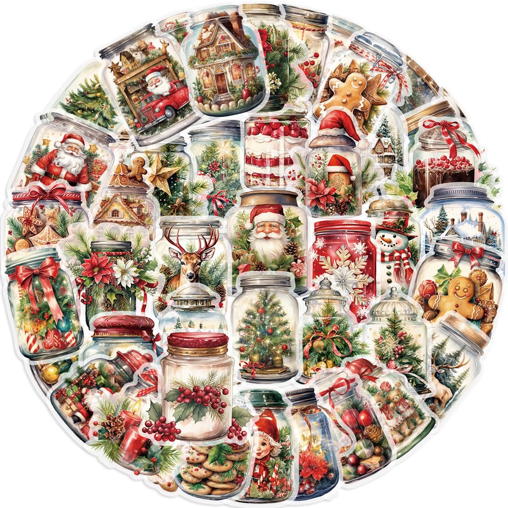 LZLPACKING 50pcs Cartoon Christmas Bottle Stickers Pack Waterproof Transparent PET Handbook Party Material Decoration Guitar Notebook