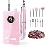 Professional Nail Drill Electric File 45000RPM, Portable Rechargeable Electric Nail File with 11 Drill Bits & 50 Sanding Bands, Low Noise Nail Drill Kit for Acrylic Gel Nails, Salon & Home Use, Pink