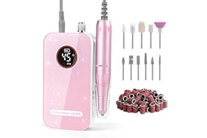 HQMPHQ Professional Nail Drill Electric File 45000RPM, Portable Rechargeable Electric Nail File with 11 Drill Bits & 50 Sanding Bands, Low Noise Nail Drill Kit for Acrylic Gel Nails, Salon & Home Use, Pink