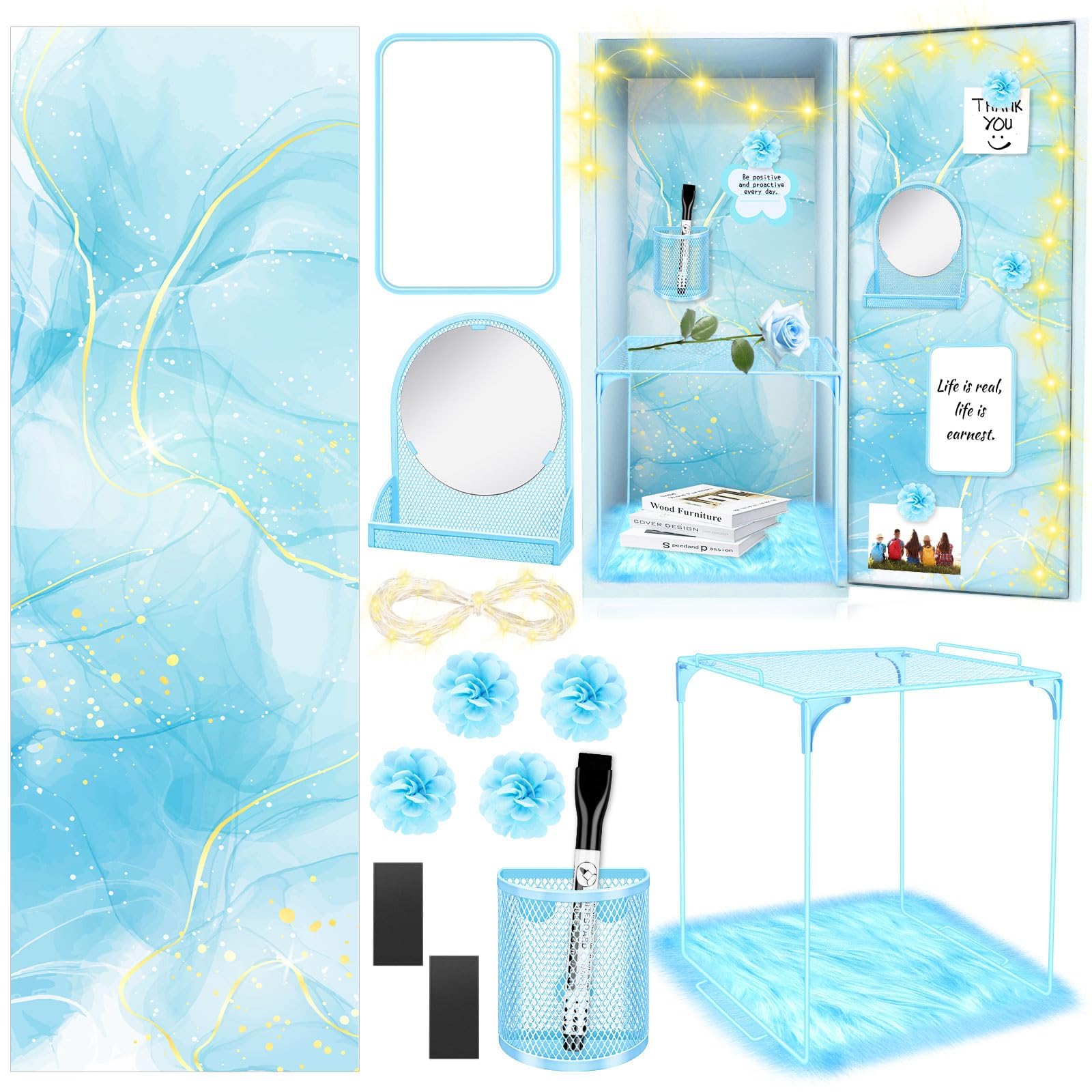 Photo 1 of 17 Pcs Blue Locker Organizer Kit, Includes Locker Magnetic Wallpaper, Locker Shelf, Blue Magnetic Mirror, Magnetic Pen Holders and Organizing Supplies Locker Decorations Back to School Stuff Gift