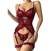 Lilosy Sexy Criss Cross Corset Underwire Floral Lace Sheer Garter Belt Lingerie Set 2 Piece