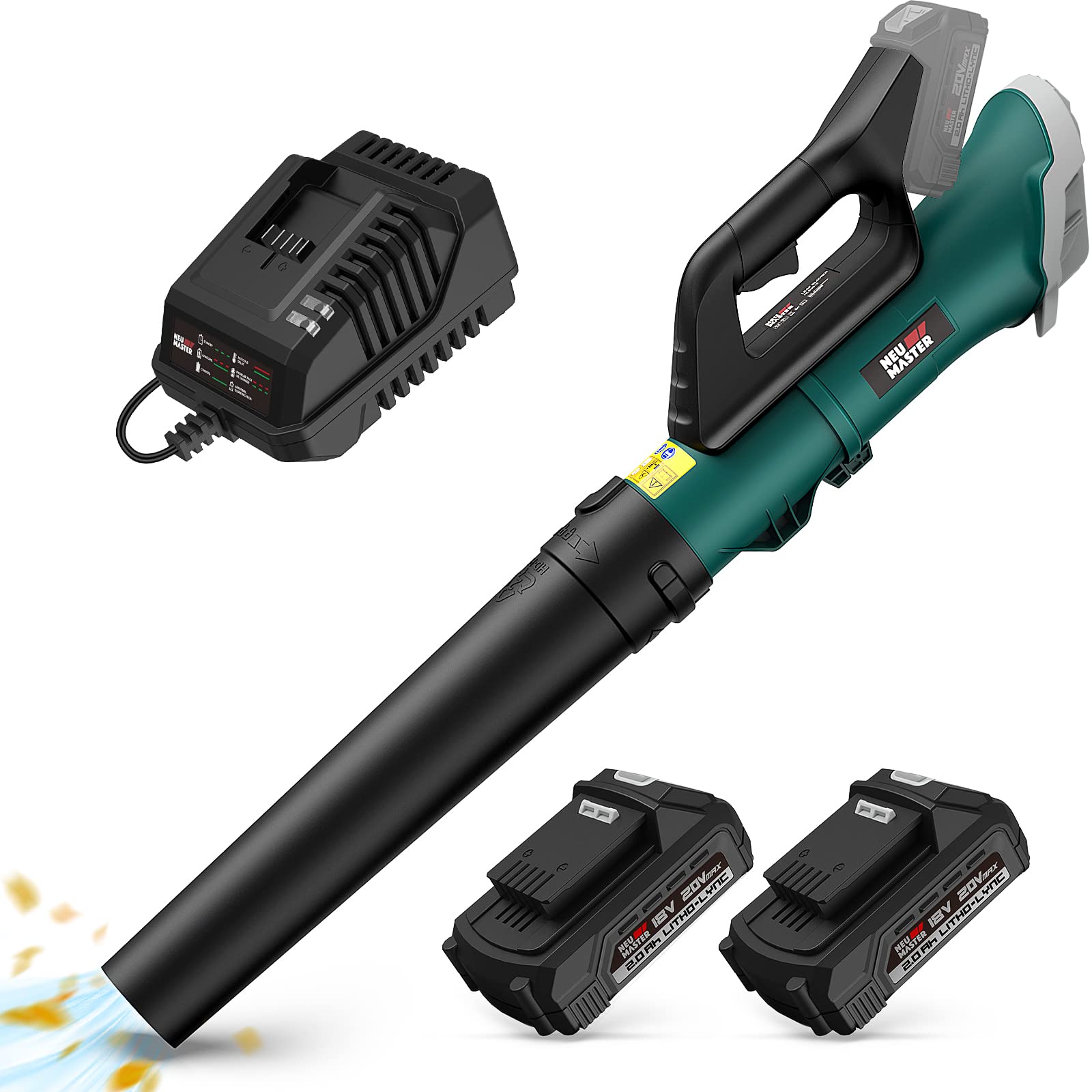 NEU MASTER Leaf Blower, 20V Battery Operated Leaf Blower Cordless Electric Blower with 2 x Battery and Fast Charger, Variable Speed Blower for Lawn Care, Patio, Yard, Jobsite