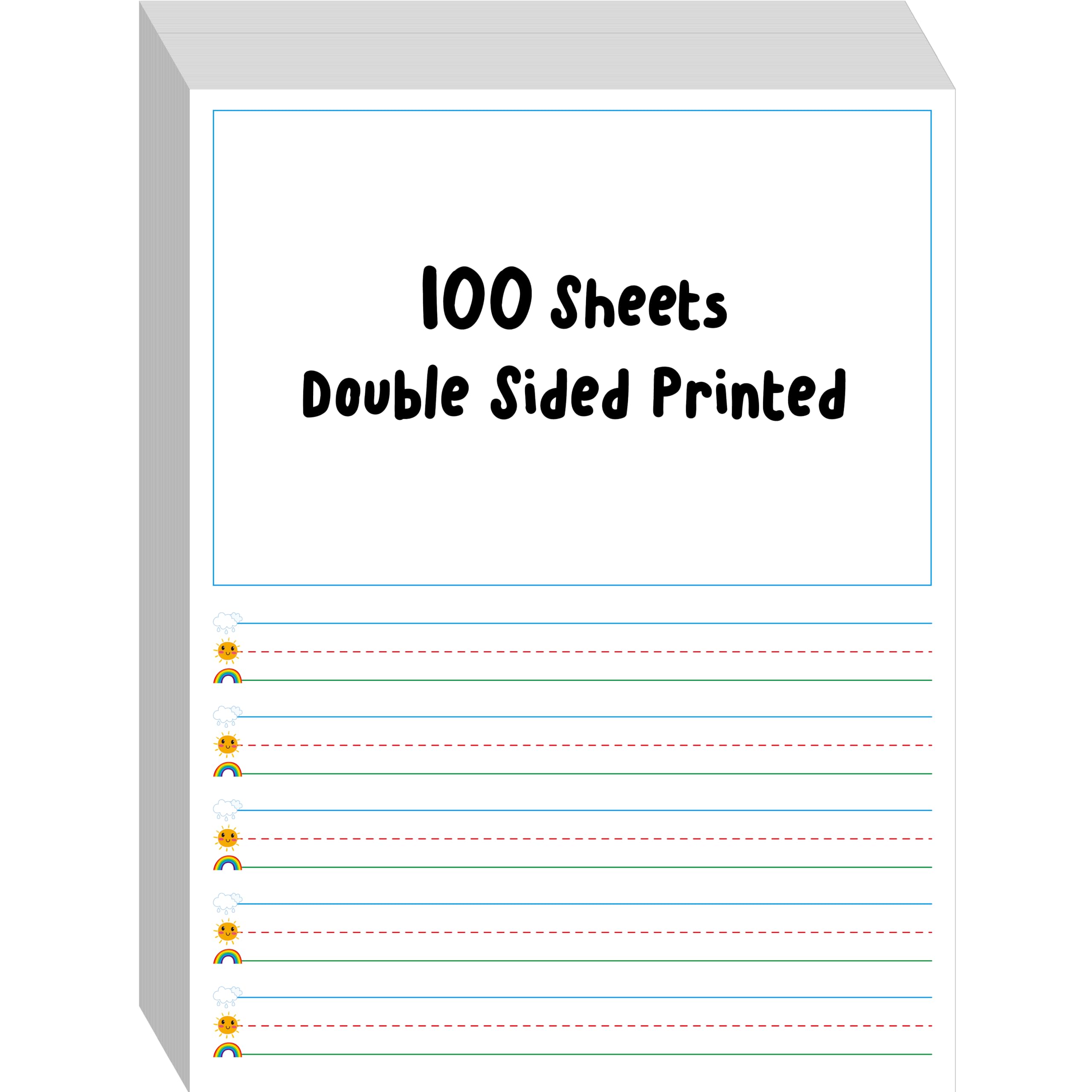 Photo 1 of 100 Sheets Ruled Writing Paper, Double-Sided Printing 1” Line Spacing with Blank Area Handwriting Writing Paper with Dotted Lines Practice Paper for Kindergarten Toddlers Kids (8” x 10.6”)