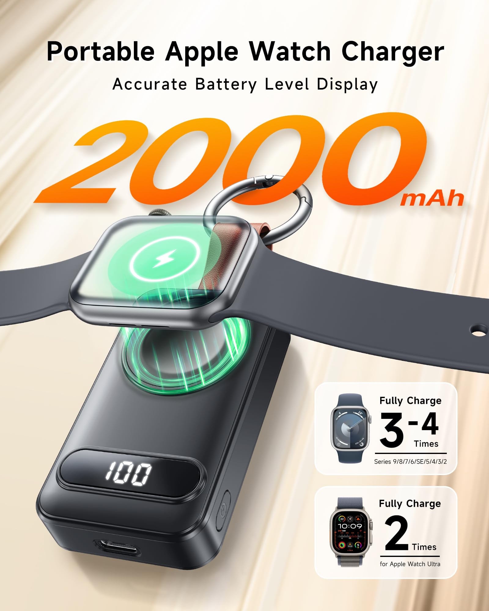 ZKAPOR 2000mAh Kabelloses Ladegerät für Apple Watch Serie, Mini Power Bank Mit LED-Anzeige Magnetisches Kabelloses Tragbares Ladegerät kompatibel mit Apple Watch 10/9/8/7/6/5/4/3/2/SE/Ultra/Ultra 2 2