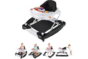 HONEY JOY Baby Walker, 6-in-1 Foldable Baby Walker and Bouncer Combo, Infant Activity Walker with Wheels, Adjustable Heights, Rocker, Music, Lights, Walker for Baby Boy Girl 7-14 Months (Black)