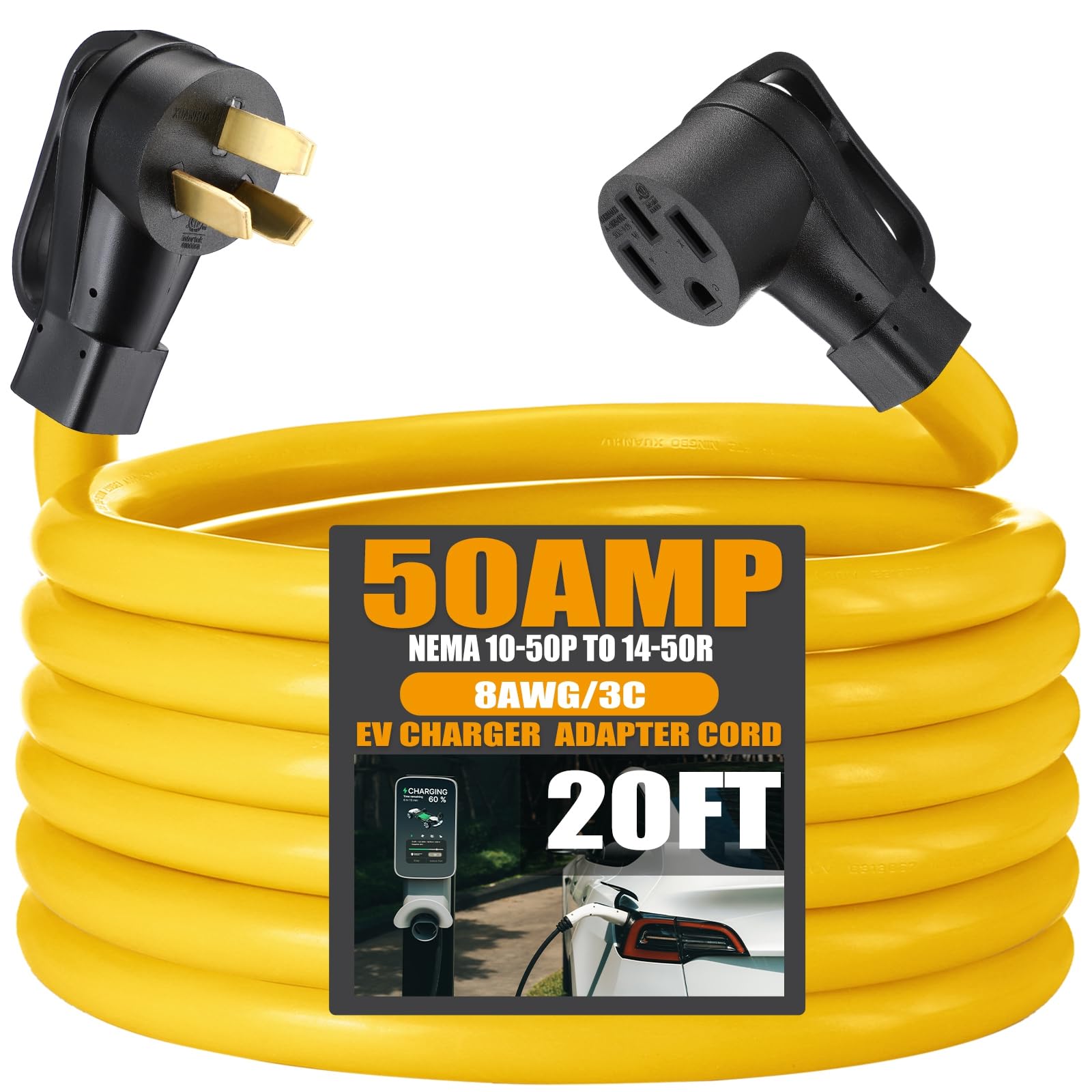 Photo 1 of Tellegloww 20FT EV Charger Adapter Cord Compatible with NEMA 10-50P to 14-50R, 50 Amp Stove Range to EV for Level 2 Charging, Only for 3 Prong Older Stove Range Outlet, STW 8 AWG/3C, ETL Listed