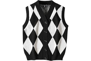Cambkatl Men's Argyle Sweater Vest Button V Neck Fall Cardigan Casual Sleeveless Knitted Houndstooth Jumper Tops