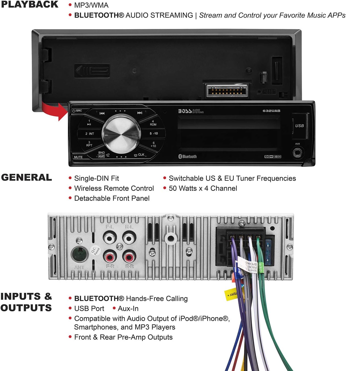 Boss Audio Systems 632uab Multimedia Car Stereo Single Din Bluetooth Audio And Hands Free Calling Built In Microphone Mp3 Player Usb Port Aux