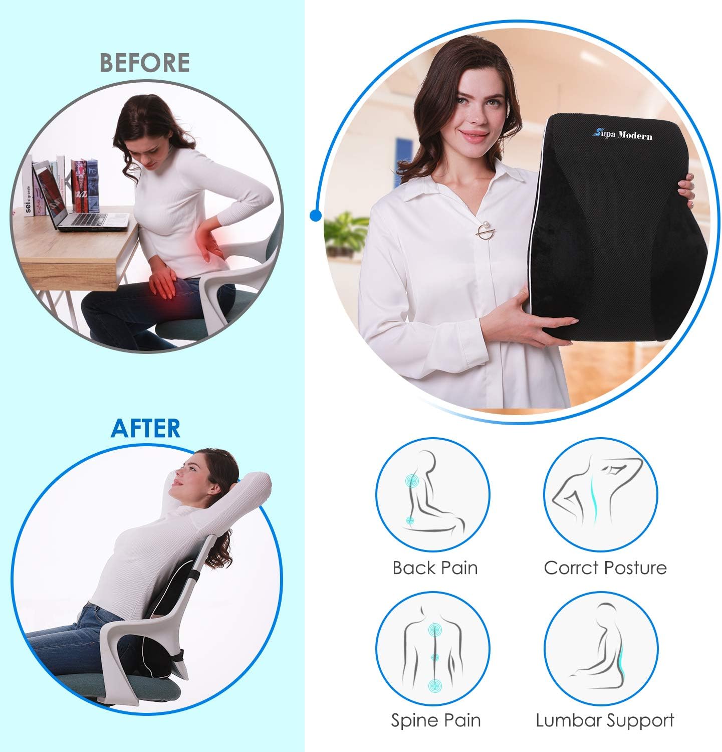 SUPA MODERN Lumbar Support Pillow for Office Chair, Memory Foam Back Cushion for Lower Back Pain Relief, Car Seat Back Pillows with Massage Breathful Lumbar Support: Home & Kitchen