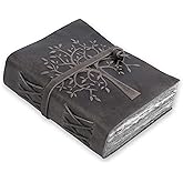 LEATHER VILLAGE Tree of Life Journal - 6 X 4 (A6) inches - Rustic Black - 200 Antique Deckle Edge Handmade Paper – Book of Shadows - Vintage Leather Bound Journal for Women & Men