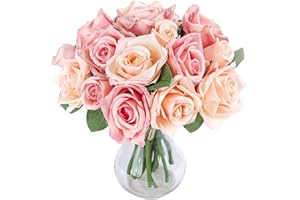 YIGHAI Artificial Roses Silk Flowers, 2 Pack 10.6" Fake Rose Bouquets with 6 Rose Heads & 3 Buds, Realistic Faux Flowers for 