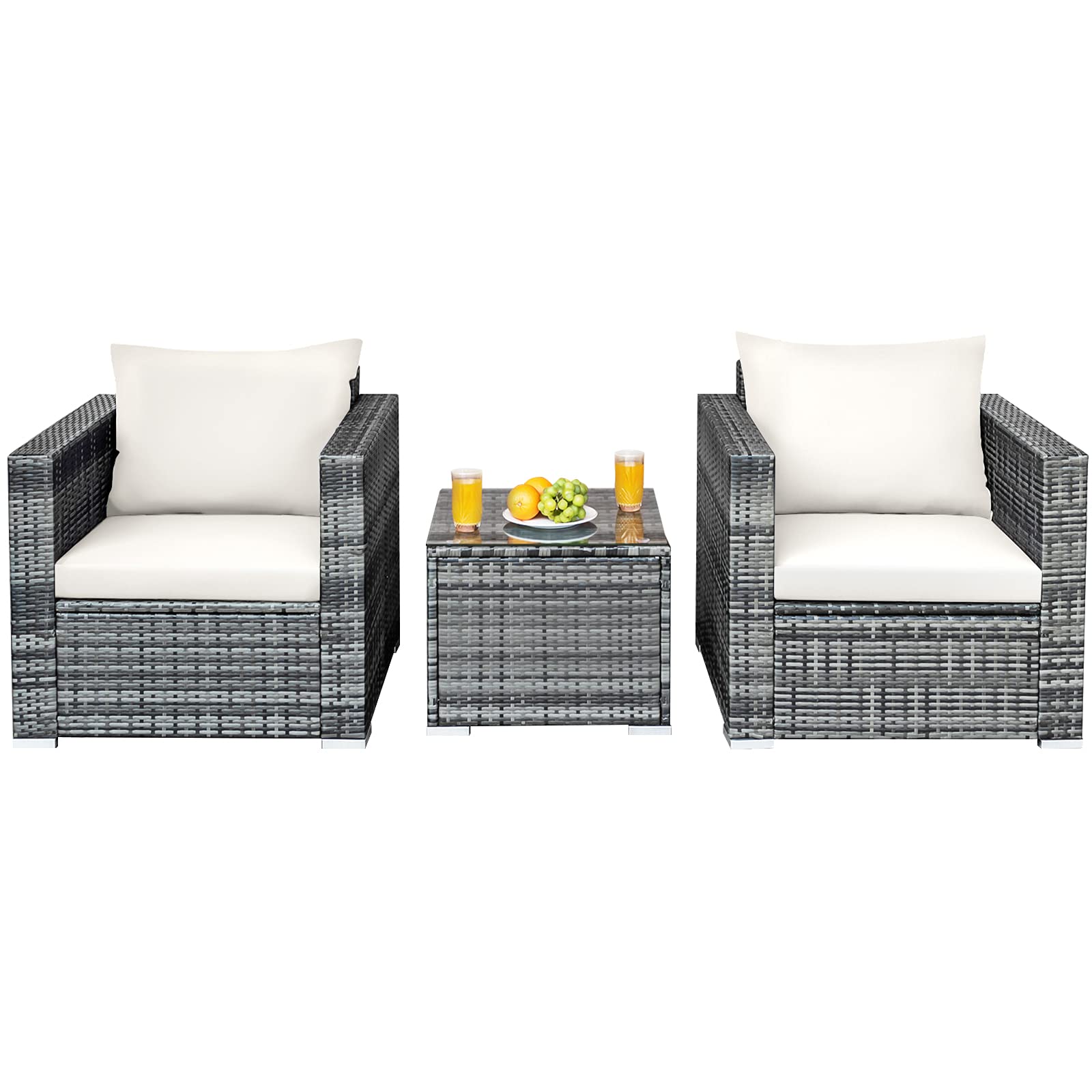 Photo 1 of ** SIMILAR** HAPPYGRILL 3 PCS Patio Conversation Set Outdoor Rattan Wicker Sofa Set with Coffee Table Patio Furniture Set with Soft Cushions for Balcony Porch Backyard Garden