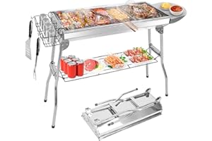 TeqHome Portable Charcoal Grill, Upgraded Folding Large Barbecue Charcoal Grill W/Board Shelf & Flavoring Storage Basket, Stainless Steel Frame, for 8 People Picnic Garden Terrace Camping Travel Use