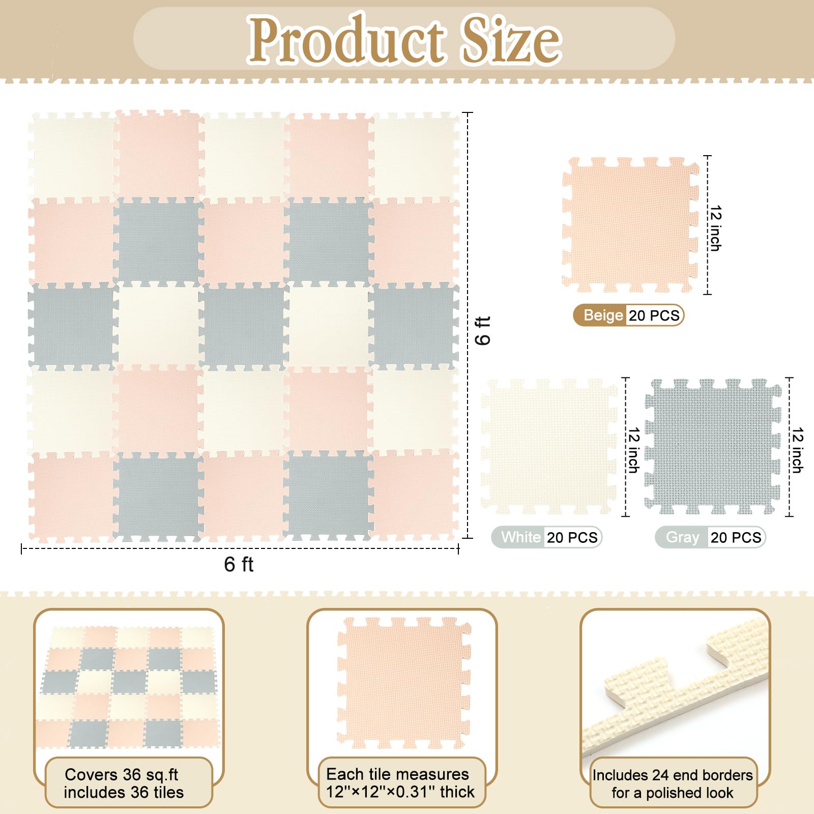 Nuanchu 60 Pcs Kids Foam Puzzle Floor Mat Bulk Solid Color Foam Play Mat with Borders Interlocking Multi Use Floor Rug for Baby Toddler Children Crawling Exercise Playroom 12 inch (White, Cream, Gray)