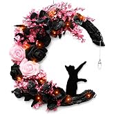 VDKIDKT Pink Halloween Wreath with Lights, Moon Cat Wreath for Front Door | Crescent Moon Cat Pastel Goth Wreath with Rose, Spooky Witchy Gothic Front Door Decor for Indoor Bedroom Wall (Rose)