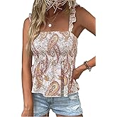 Milumia Women's Paisley Smocked Ruffle Tank Top Boho Sleeveless Square Neck Summer Peplum Tops
