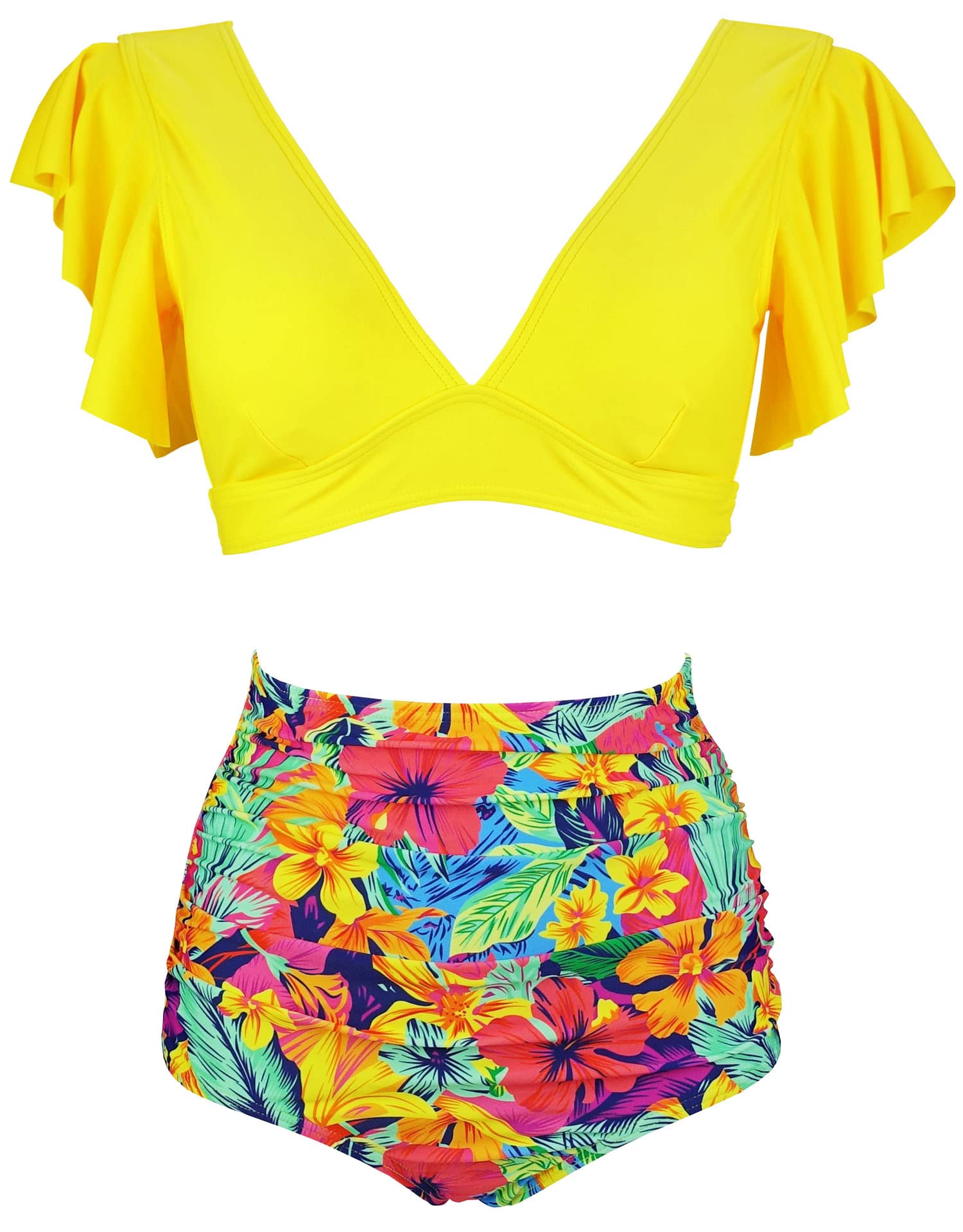 Photo 1 of COCOSHIP Yellow & Red Green Colorful Retro Ruffle High Rise Bikini Set Two Piece Push Up Flounce Falbala Pool Swimwear 14