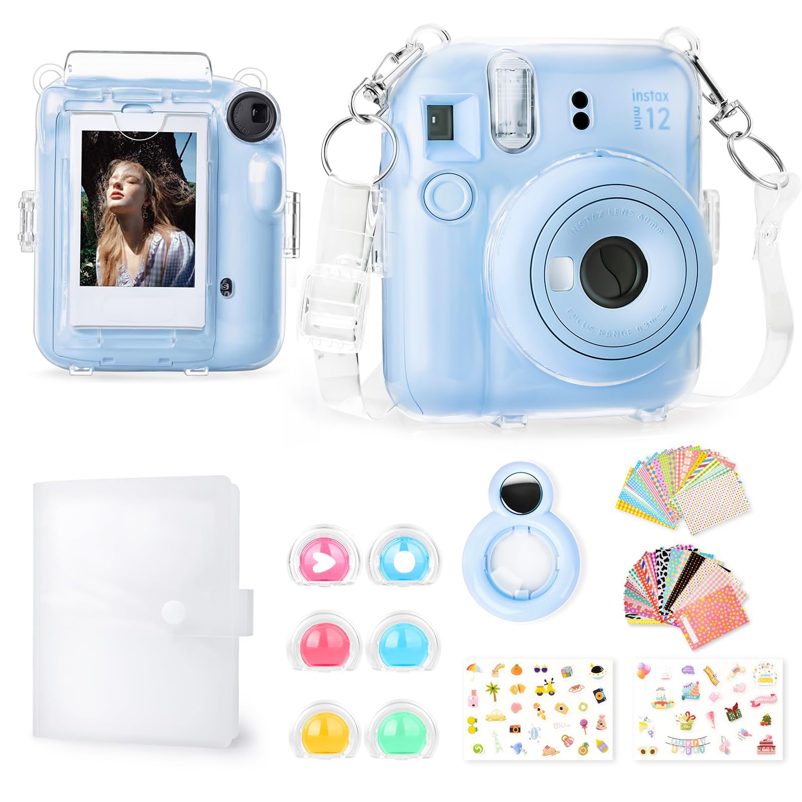 Rieibi Accessories for Fujifilm Instax Mini 12, Gift Bundle Includes Clear Instax Mini 12 Case with Strap, Mini12 Photo Album, Selfie Mirror, DIY Stickers, Color Filter (No Camera) - Blue