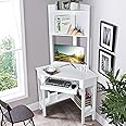 Tangkula White Corner Desk with Hutch, 90 Degrees Triangle Computer Desk with Keyboard Tray & Bookshelves for Small Space, Space Saving Writing Desk with Storage Shelves for Bedroom Apartment