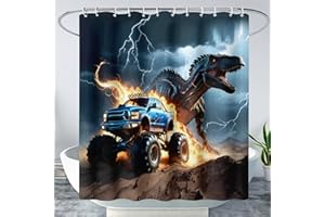AILONEN Boys Dinosaur Shower Curtain, Monster Truck Bath Curtain,Lightning Roaring Dinosaur Kids Shower Curtain,Waterproof Curtain Bathroom 72" W*72" H Decor with 12 Plastic Hooks