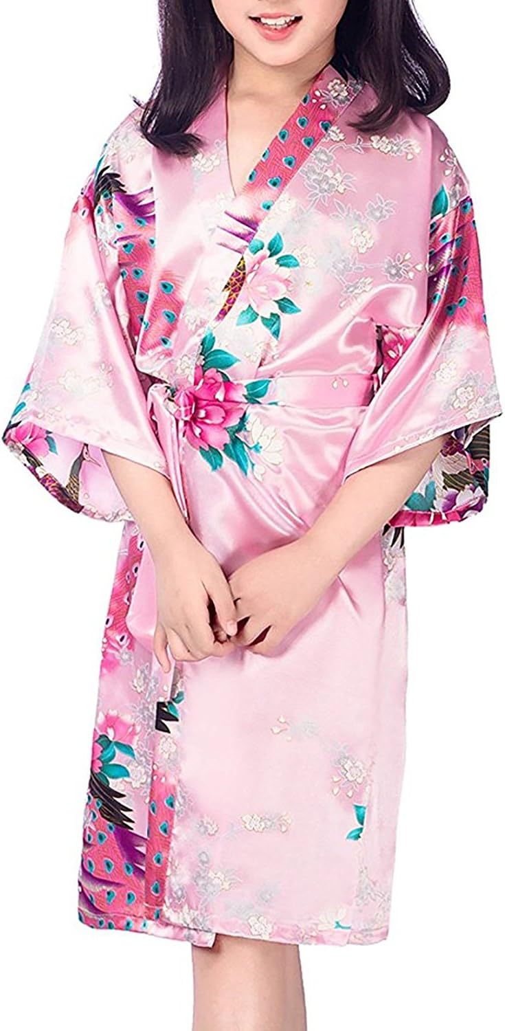 Hammia Kids Girls' Peacock Satin Kimono Robe Bathrobe Nightgown Sleepwear for Spa Party Wedding Birthday