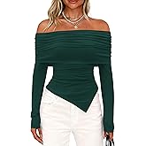 PRETTYGARDEN Women's Off The Shoulder Tops Spring Fashion 2026 Long Sleeve Shirts Going Out Slim Fitted Blouses Fall Clothes