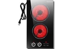 2 Burner Electric Cooktop 110V 2000W Plug in Cook top, 12 Inch Built in or Countertop Stove Top, Electric Burners for Cooking Knob & Touch, Cooktop with 9 Power Levels, Safety Lock, Timer, Karienvir