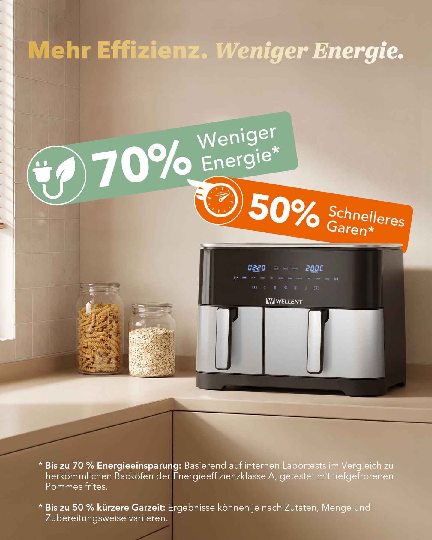 Heißluftfritteuse 2 Kammern, 2600W 11L Airfryer XXL(4+7L) WELLENT 10-in-1 Heissluftfritteuse Doppelkammer Air fryer Dual Zone mit Touchscreen, Match & Synchronisierungsfunktion, spülmaschinenfest 7