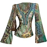 MakeMeChic Women's Boho Clothes Spring Bell Sleeve Tee Shirt V Neck Floral Tops Vacation Outfits