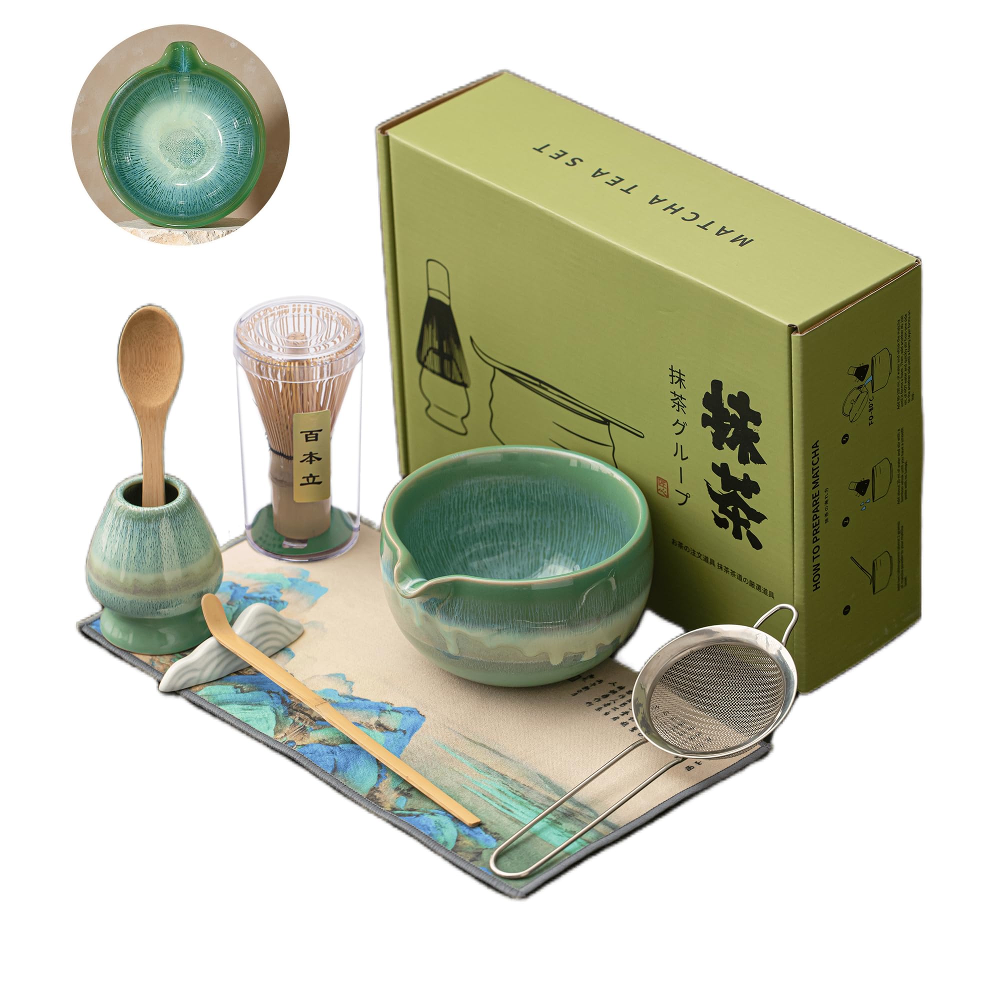 Photo 1 of Matcha Whisk Set with Ceramic Bowl - Bamboo Whisk (Chasen), Scoop, Sifter & Holder - Complete Kit for Traditional Matcha Tea - Unique Gifts for Women, Men, Tea Lovers (Green)