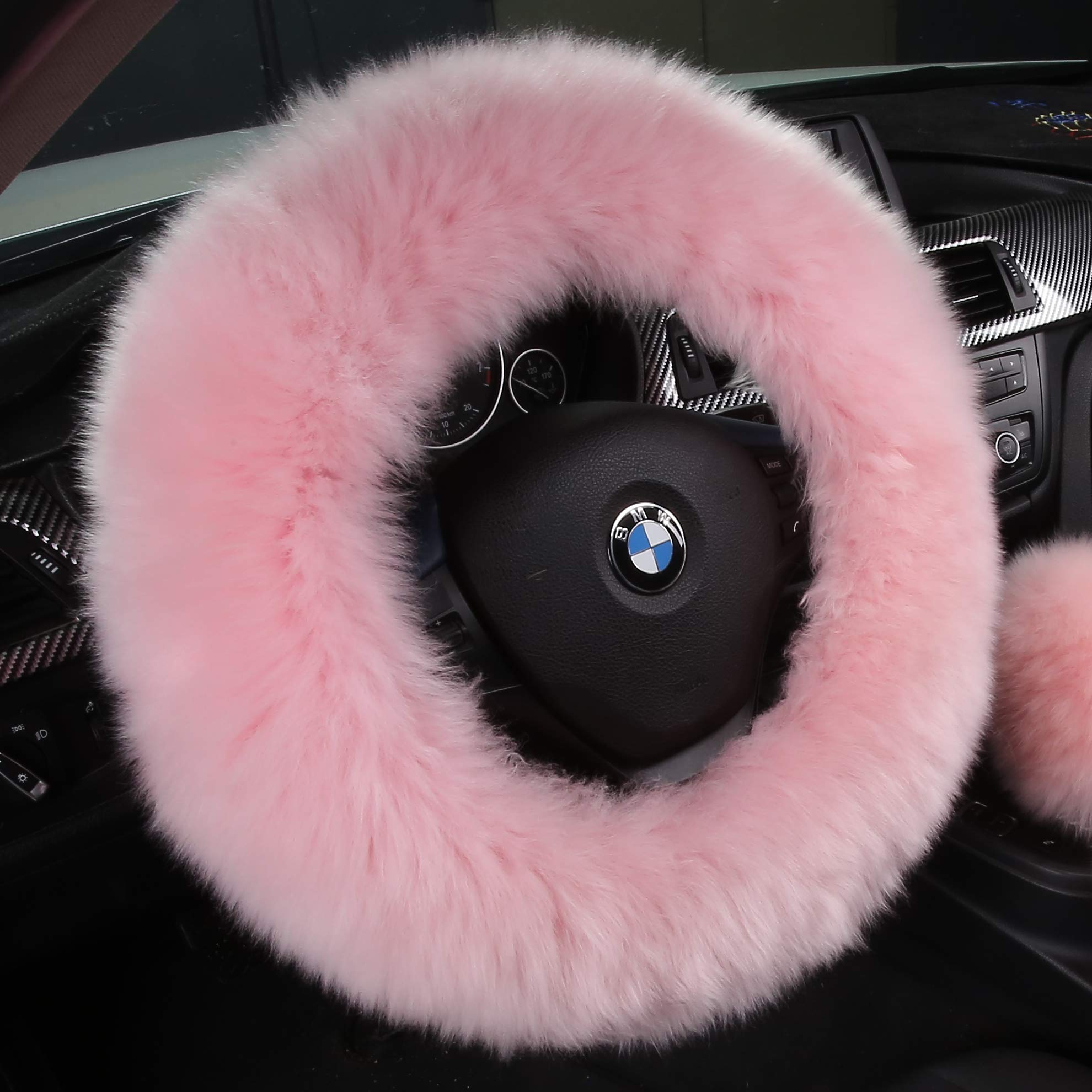 Photo 1 of Andalus Luxurious Australian Sheepskin Long Wool Fuzzy Steering Wheel Cover - 15 Inch Fluffy, Offers a Plush Feel, Eco-Friendly (Pink)
