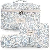 GISMTR 3Pcs Cotton Quilted Makeup Bag Large Travel Cosmetic Bag Coquette Makeup Pouch Cute Aesthetic Floral Toiletry Bag for Women Girls