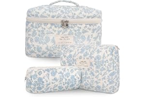 GISMTR 3Pcs Cotton Quilted Makeup Bag Large Travel Cosmetic Bag Coquette Makeup Pouch Cute Aesthetic Floral Toiletry Bag for Women Girls