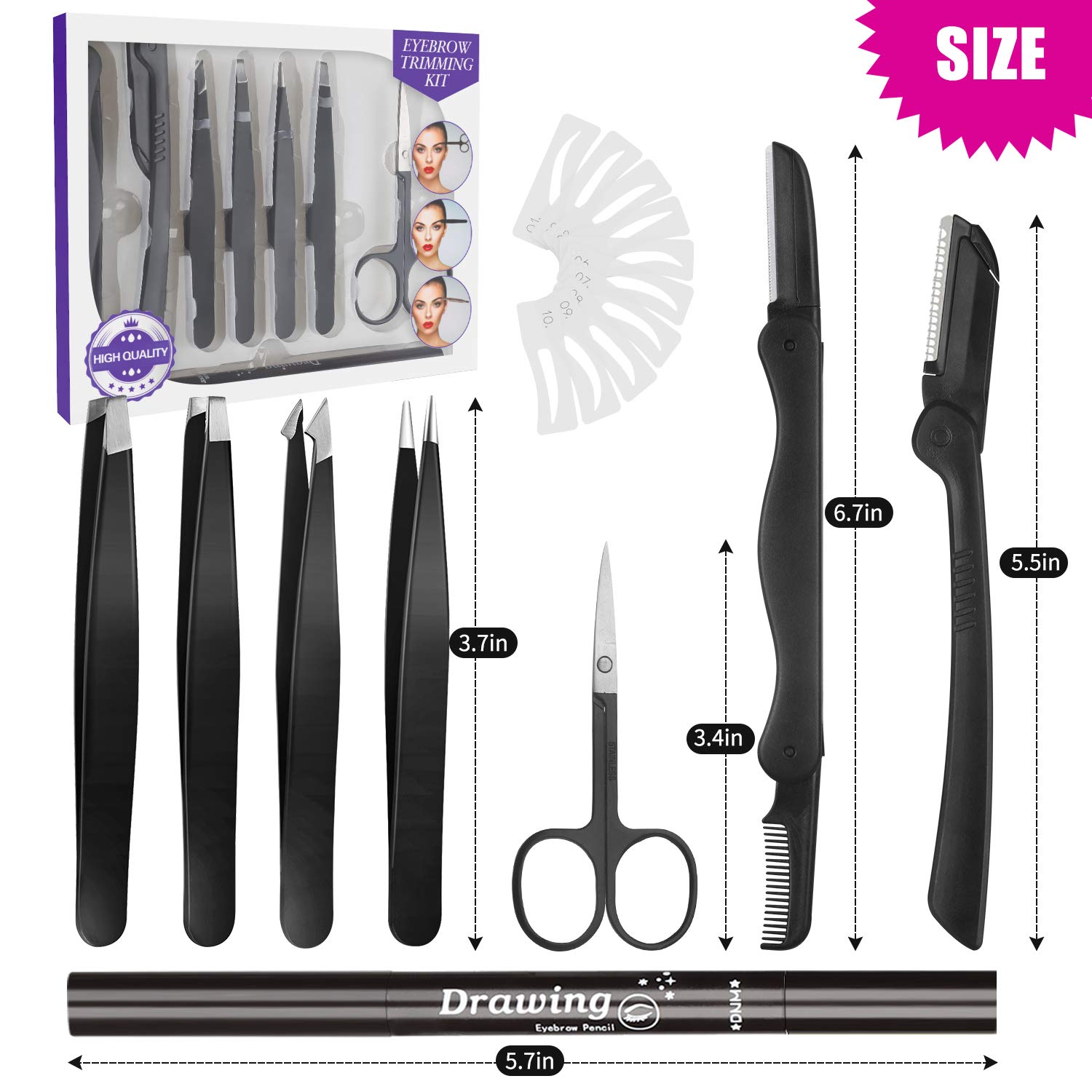 Eyebrow Razor Kit for Women 18 in 1, Grooming Tools with 4 PCS Premium Eyebrow Tweezers, Eyebrow Razor, Eyebrow Scissors, 10 PCS Eyebrow Stencil Kit (Black Eyebrow Kit-Dark Brown Eyebrow Pencil): Beauty