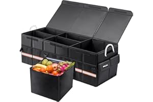 SMILCHA Heavy-Duty Extra Large 100L Premium Foldable Car Trunk Organizer with Lid + 26L Cooler Bag, Waterproof Robust Durable 1680D Oxford & Multi-Compartment Collapsible for SUV, Truck, Van, Sedan (Black)