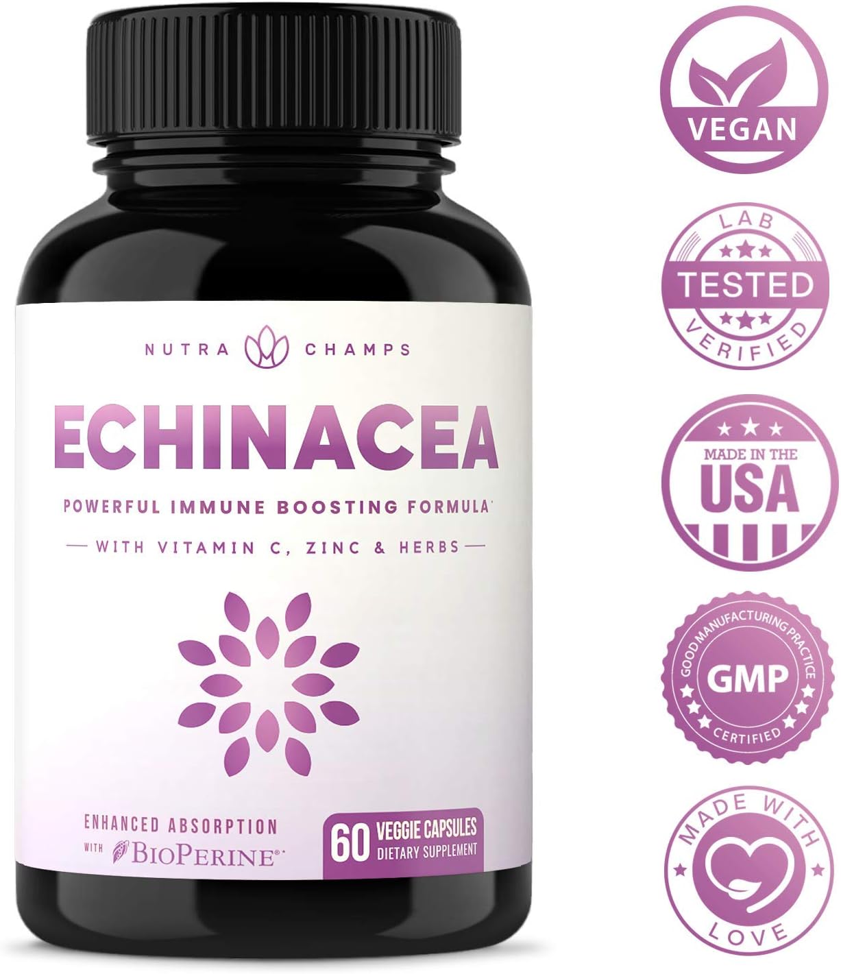 Echinacea Extract 1000mg Supplement with Goldenseal, Elderberry, Organic Reishi, Ginger, Vitamin C & Zinc - BioPerine for Superior Absorption - Immune System Boost & Overall Wellness Vegan Capsules: Health & Personal Care