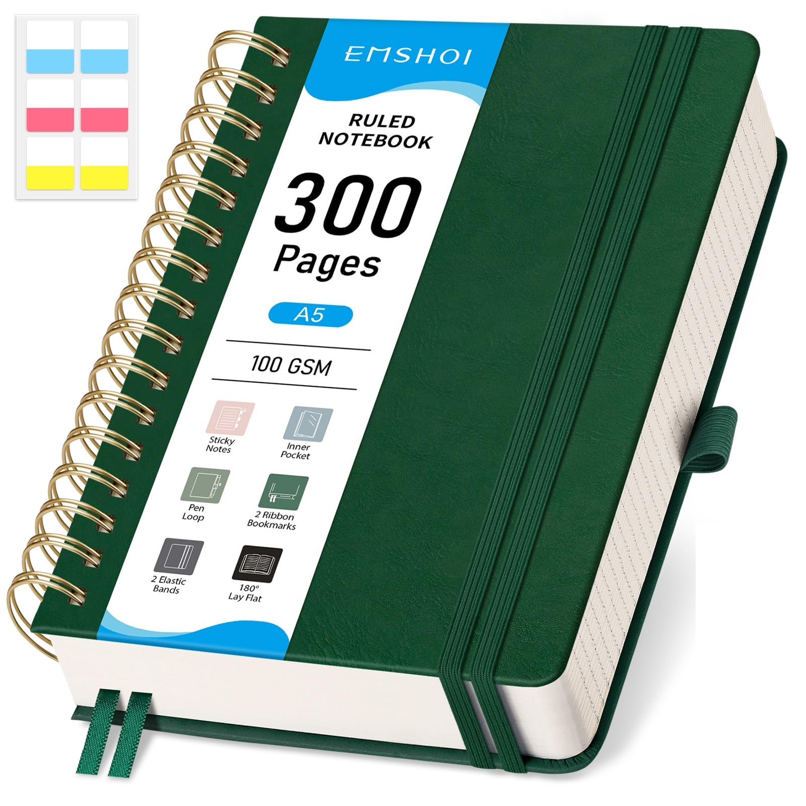 EMSHOI A5 Notebook College Ruled, Spiral Notepad 150 Sheets/300 Pages, 100gsm, HardCover, Sticky Notes, Pocket, Pen Loop, Ruler, Bookmark, Lined Journal for Women Men Writing, 14.5 x 21cm, Green