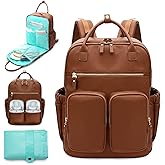 MOMINSIDE Diaper Bag Backpack, Leather Baby Bag with 18 Pockets, Diaper Backpack for Women Mom, Travel Baby Bag for Girl Boy, Large Wet Pocket, 4 Insulated Pockets, Stroller Straps, Brown